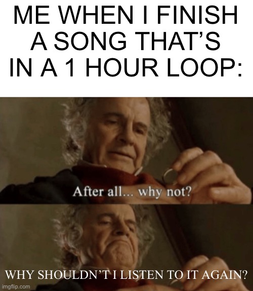 Does anyone do this? | ME WHEN I FINISH A SONG THAT’S IN A 1 HOUR LOOP:; WHY SHOULDN’T I LISTEN TO IT AGAIN? | image tagged in after all why not | made w/ Imgflip meme maker