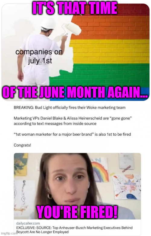 Time again to move on from the woke joke... | IT'S THAT TIME; OF THE JUNE MONTH AGAIN... YOU'RE FIRED! | image tagged in you're fired,bye bye | made w/ Imgflip meme maker
