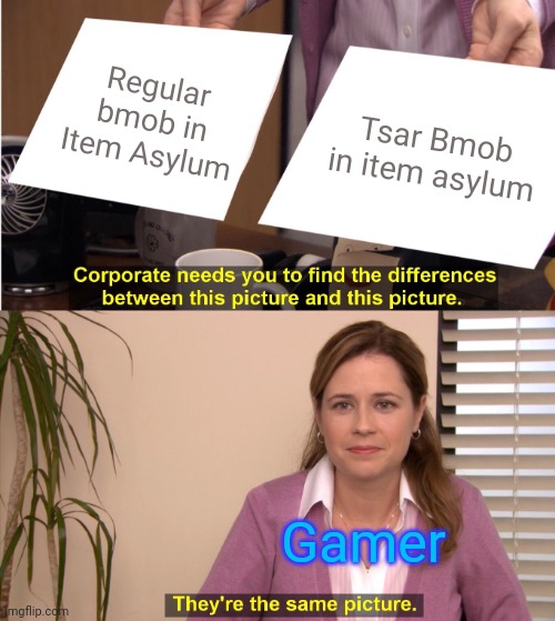 They're The Same Picture Meme | Regular bmob in Item Asylum; Tsar Bmob in item asylum; Gamer | image tagged in memes,they're the same picture,bruh moment | made w/ Imgflip meme maker