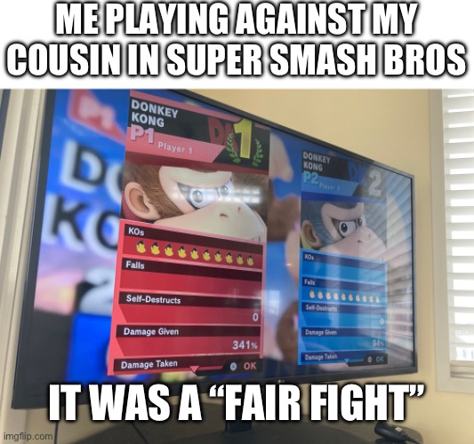 I KOed him 10 times | ME PLAYING AGAINST MY COUSIN IN SUPER SMASH BROS; IT WAS A “FAIR FIGHT” | image tagged in super smash bros,lol,skull | made w/ Imgflip meme maker