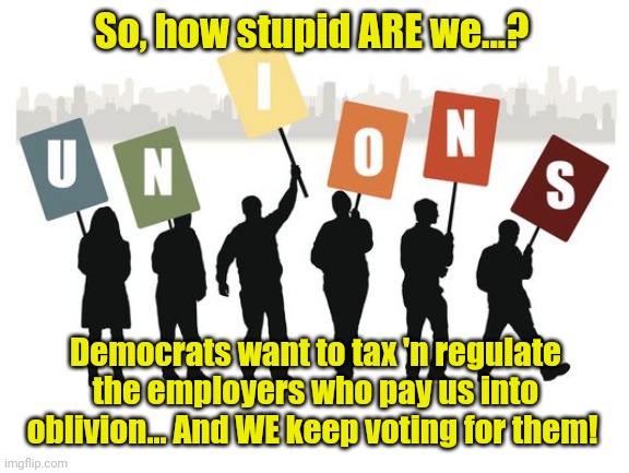 Stupid is... As stupid does. | So, how stupid ARE we...? Democrats want to tax 'n regulate the employers who pay us into oblivion... And WE keep voting for them! | made w/ Imgflip meme maker