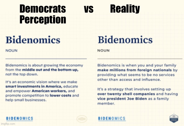 Bidenomics | Democrats          vs         Reality 
Perception | image tagged in bidenomics | made w/ Imgflip meme maker