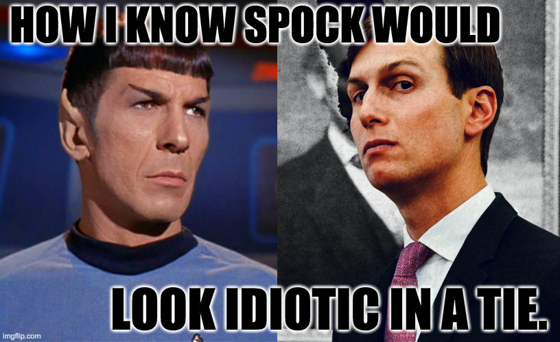 Fascistating. | HOW I KNOW SPOCK WOULD; LOOK IDIOTIC IN A TIE. | image tagged in memes,spock,jared kushner | made w/ Imgflip meme maker