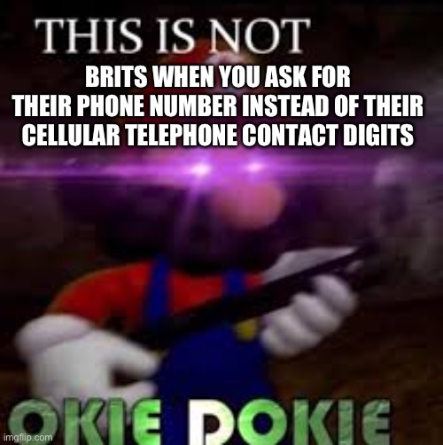 Boh’ol’o’woh’tah | BRITS WHEN YOU ASK FOR THEIR PHONE NUMBER INSTEAD OF THEIR CELLULAR TELEPHONE CONTACT DIGITS | image tagged in this is not okie dokie,british,mario,anti furry,anti-feminism | made w/ Imgflip meme maker