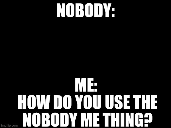 I still wonder... | NOBODY:; ME: 
HOW DO YOU USE THE NOBODY ME THING? | image tagged in funny | made w/ Imgflip meme maker