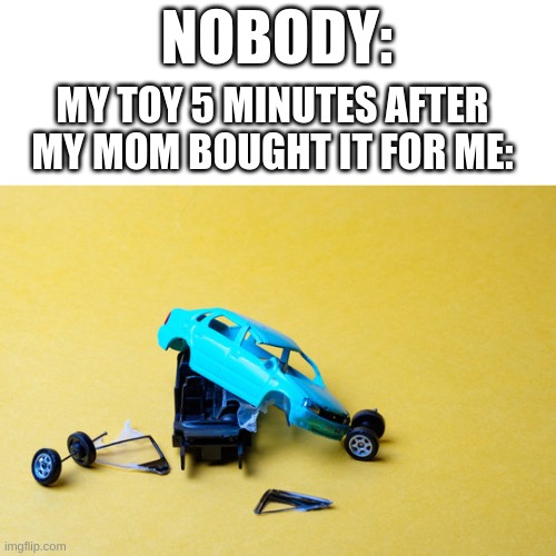 Every time | NOBODY:; MY TOY 5 MINUTES AFTER MY MOM BOUGHT IT FOR ME: | image tagged in childhood,funny,true story | made w/ Imgflip meme maker