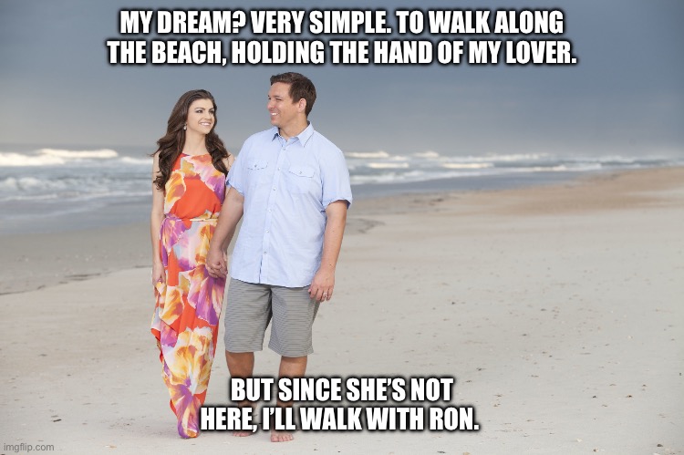 DeSantis Beach | MY DREAM? VERY SIMPLE. TO WALK ALONG THE BEACH, HOLDING THE HAND OF MY LOVER. BUT SINCE SHE’S NOT HERE, I’LL WALK WITH RON. | image tagged in desantis beach | made w/ Imgflip meme maker