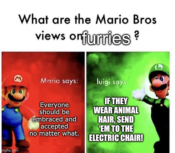 Let it die let it die let shrivel up and die | furries; Everyone should be embraced and accepted no matter what. IF THEY WEAR ANIMAL HAIR, SEND ‘EM TO THE ELECTRIC CHAIR! | image tagged in mario bros views,anti furry | made w/ Imgflip meme maker