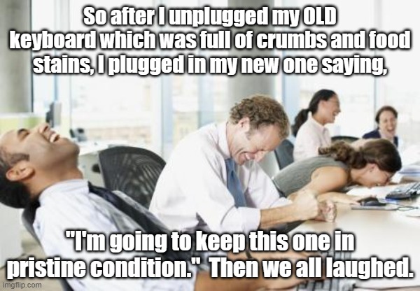 LAUGHING OFFICE | So after I unplugged my OLD keyboard which was full of crumbs and food stains, I plugged in my new one saying, "I'm going to keep this one in pristine condition."  Then we all laughed. | image tagged in laughing office,keyboard,funny meme | made w/ Imgflip meme maker