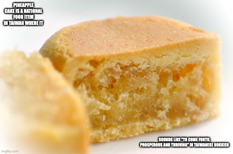 Pineapple Cake | PINEAPPLE CAKE IS A NATIONAL FOOD ITEM IN TAIWAN WHERE IT; SOUNDS LIKE "TO COME FORTH, PROSPEROUS AND THRIVING" IN TAIWANESE HOKKIEN | image tagged in food,memes | made w/ Imgflip meme maker