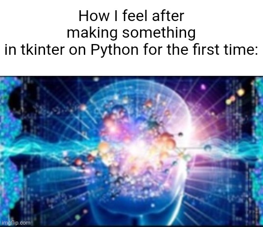 Meme #2,191 | How I feel after making something in tkinter on Python for the first time: | image tagged in memes,coding,programming,python,relatable,programmers | made w/ Imgflip meme maker