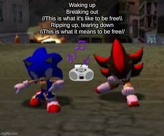 Waking up Breaking out //This is what it's like to be free\\ Ripping up, tearing down \\This is what it means to be free// | Waking up
Breaking out
//This is what it's like to be free\\
Ripping up, tearing down
\\This is what it means to be free// | image tagged in sonic and shadow vibin | made w/ Imgflip meme maker