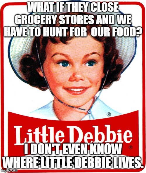 HAHAHA!!! | WHAT IF THEY CLOSE GROCERY STORES AND WE HAVE TO HUNT FOR  OUR FOOD? I DON'T EVEN KNOW WHERE LITTLE DEBBIE LIVES. | image tagged in little debbie,grocery store,closed,globalism,food | made w/ Imgflip meme maker