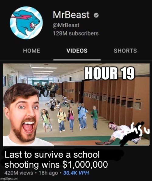 Bruh wtf is this thumbnail | HOUR 19; Last to survive a school shooting wins $1,000,000 | image tagged in mrbeast thumbnail template,only in ohio,memes,offensive | made w/ Imgflip meme maker