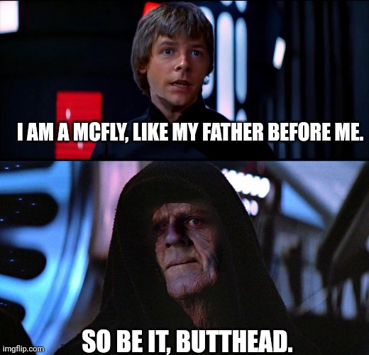 So be it butthead | I AM A MCFLY, LIKE MY FATHER BEFORE ME. SO BE IT, BUTTHEAD. | image tagged in marty mcfly,star wars,back to the future,emperor palpatine,biff tannen,luke skywalker | made w/ Imgflip meme maker