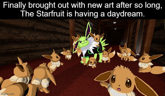 IVE BEEN DRAWING THIS IMAGE SINCE LAST YEAR AND I FINALLY GOT IT DONE! :D | Finally brought out with new art after so long,
The Starfruit is having a daydream. | image tagged in colt,eevee,jolteon,art | made w/ Imgflip meme maker