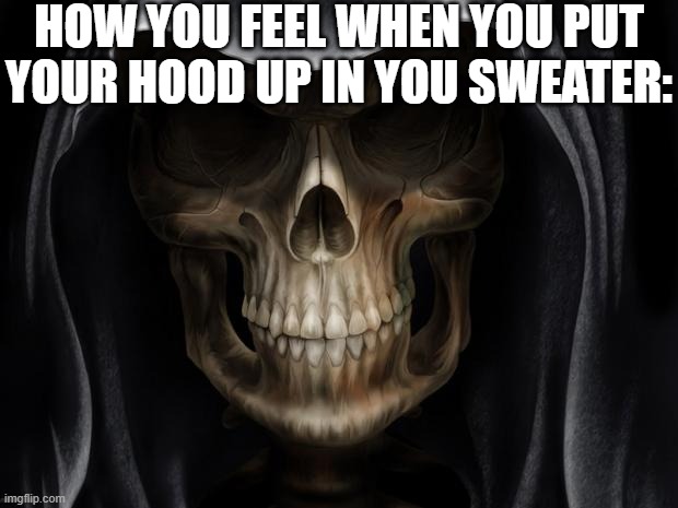 BleedingHood_ | HOW YOU FEEL WHEN YOU PUT YOUR HOOD UP IN YOU SWEATER: | image tagged in skull teeth,sweater | made w/ Imgflip meme maker