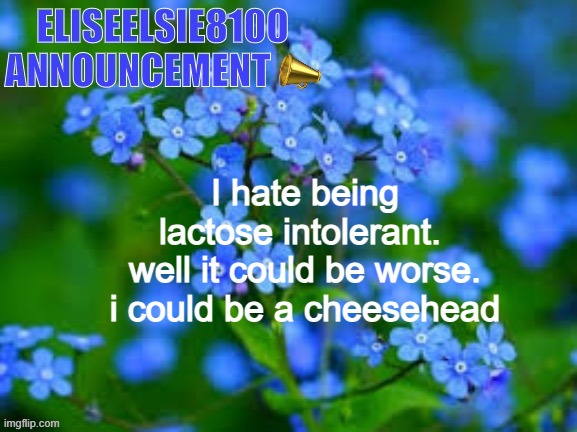 EliseElsie8100 Announcement | I hate being lactose intolerant. 
well it could be worse. i could be a cheesehead | image tagged in eliseelsie8100 announcement | made w/ Imgflip meme maker