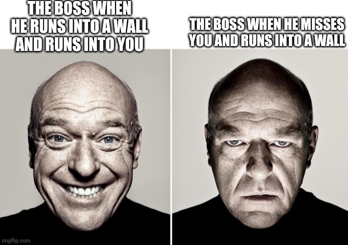 What's with bosses and getting hurt in video games XD | THE BOSS WHEN HE RUNS INTO A WALL AND RUNS INTO YOU; THE BOSS WHEN HE MISSES YOU AND RUNS INTO A WALL | image tagged in dean norris,boss,health,video games,so true memes,funny | made w/ Imgflip meme maker