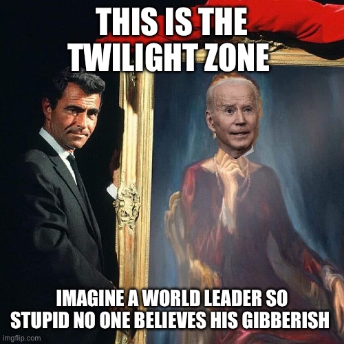 Idiotracy! | THIS IS THE TWILIGHT ZONE; IMAGINE A WORLD LEADER SO STUPID NO ONE BELIEVES HIS GIBBERISH | image tagged in joe the idiotic | made w/ Imgflip meme maker
