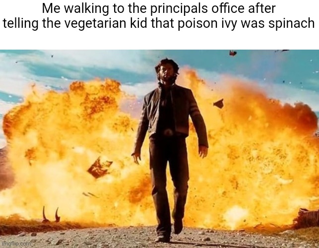 *gag* MY THROAT me: that's what he gets | Me walking to the principals office after telling the vegetarian kid that poison ivy was spinach | image tagged in guy walking away from explosion,vegetarian,principal,funny,school | made w/ Imgflip meme maker