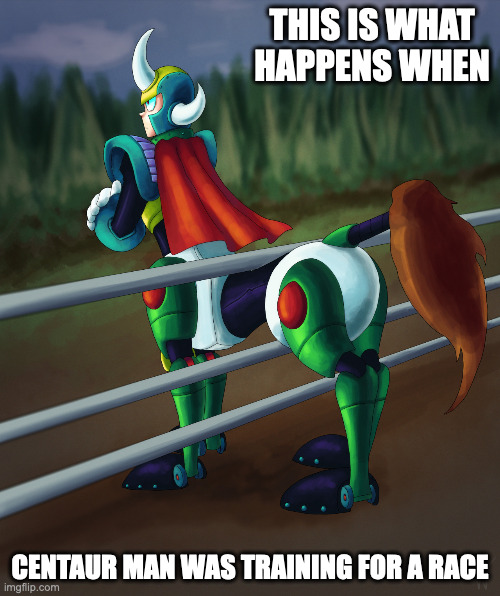 Centaur Man Stuck on a Fence | THIS IS WHAT HAPPENS WHEN; CENTAUR MAN WAS TRAINING FOR A RACE | image tagged in centaurman,megaman,memes | made w/ Imgflip meme maker
