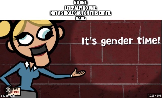 this is from dsmp if you didnt know- | NO ONE:
LITERALLY NO ONE:
NOT A SINGLE SOUL ON THIS EARTH:
KARL: | image tagged in its gender time | made w/ Imgflip meme maker