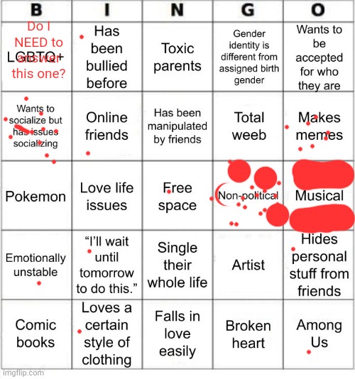 TheSuitedGayWeeb's Bingo | Do I NEED to answer this one? | image tagged in thesuitedgayweeb's bingo | made w/ Imgflip meme maker