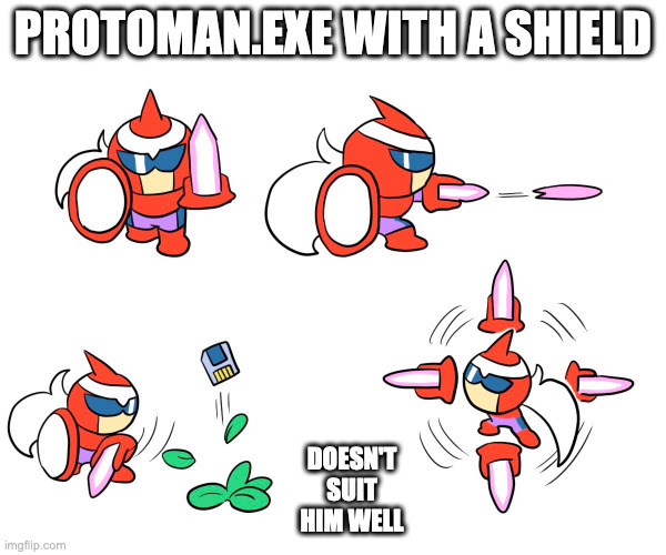 Link-Themed ProtoMan.EXE | PROTOMAN.EXE WITH A SHIELD; DOESN'T SUIT HIM WELL | image tagged in megaman,megaman battle network,protomanexe,link,the legend of zelda,memes | made w/ Imgflip meme maker