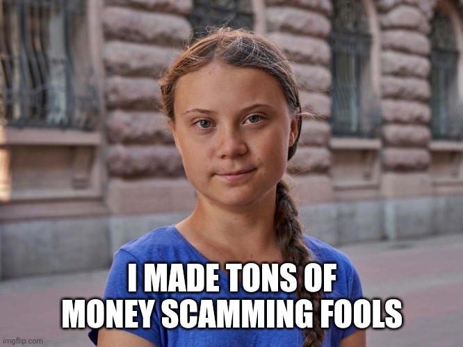 Gretta | I MADE TONS OF MONEY SCAMMING FOOLS | image tagged in gretta | made w/ Imgflip meme maker