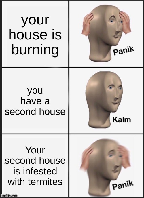 Panik Kalm Panik Meme | your house is burning; you have a second house; Your second house is infested with termites | image tagged in memes,panik kalm panik,disaster | made w/ Imgflip meme maker