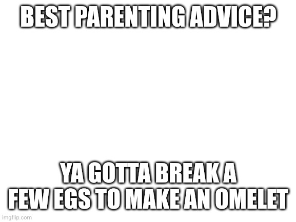 Blank White Template | BEST PARENTING ADVICE? YA GOTTA BREAK A FEW EGS TO MAKE AN OMELET | image tagged in blank white template | made w/ Imgflip meme maker