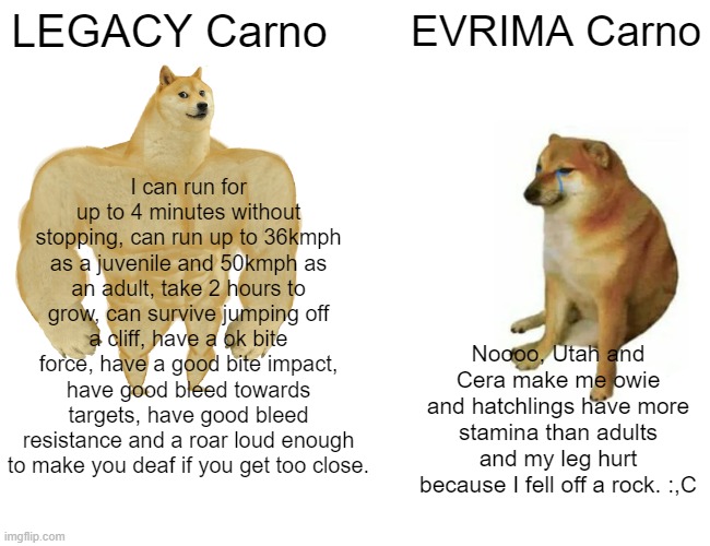 EVRIMA Carno versus LEGACY Carno | LEGACY Carno; EVRIMA Carno; I can run for up to 4 minutes without stopping, can run up to 36kmph as a juvenile and 50kmph as an adult, take 2 hours to grow, can survive jumping off a cliff, have a ok bite force, have a good bite impact, have good bleed towards targets, have good bleed resistance and a roar loud enough to make you deaf if you get too close. Noooo, Utah and Cera make me owie and hatchlings have more stamina than adults and my leg hurt because I fell off a rock. :,C | image tagged in memes,buff doge vs cheems,the isle,dinosaurs,horror,gaming | made w/ Imgflip meme maker