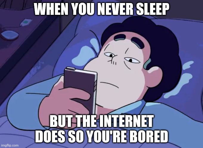 No title | WHEN YOU NEVER SLEEP; BUT THE INTERNET DOES SO YOU'RE BORED | image tagged in steven universe looking at phone | made w/ Imgflip meme maker