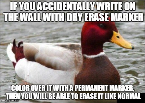 Malicious Advice Mallard Meme | IF YOU ACCIDENTALLY WRITE ON THE WALL WITH DRY ERASE MARKER COLOR OVER IT WITH A PERMANENT MARKER, THEN YOU WILL BE ABLE TO ERASE IT LIKE NO | image tagged in memes,malicious advice mallard,AdviceAnimals | made w/ Imgflip meme maker
