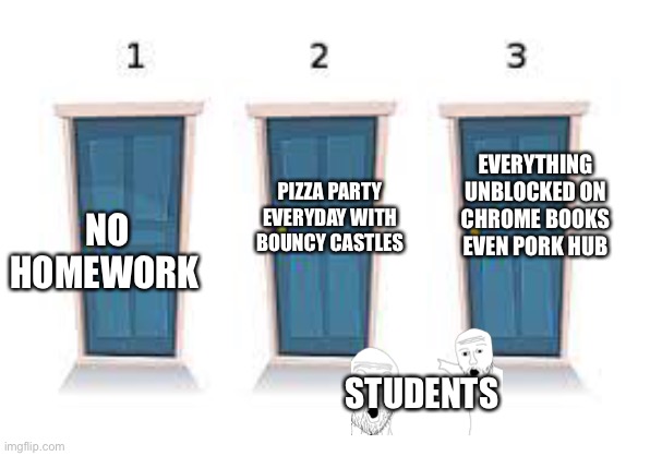 So hard 2 choose | EVERYTHING UNBLOCKED ON CHROME BOOKS EVEN PORK HUB; PIZZA PARTY EVERYDAY WITH BOUNCY CASTLES; NO HOMEWORK; STUDENTS | image tagged in pick a door,school,memes | made w/ Imgflip meme maker