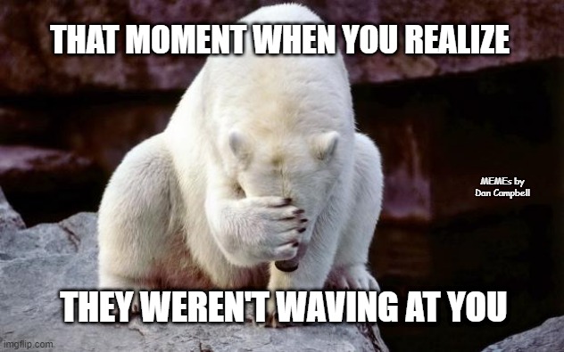 Horribly embarrassed polar bear | THAT MOMENT WHEN YOU REALIZE; MEMEs by Dan Campbell; THEY WEREN'T WAVING AT YOU | image tagged in horribly embarrassed polar bear | made w/ Imgflip meme maker