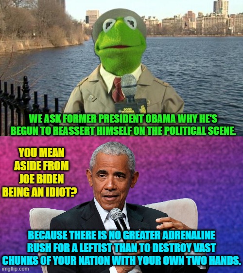 At least he's being honest for once. | WE ASK FORMER PRESIDENT OBAMA WHY HE'S BEGUN TO REASSERT HIMSELF ON THE POLITICAL SCENE. YOU MEAN ASIDE FROM JOE BIDEN BEING AN IDIOT? BECAUSE THERE IS NO GREATER ADRENALINE RUSH FOR A LEFTIST THAN TO DESTROY VAST CHUNKS OF YOUR NATION WITH YOUR OWN TWO HANDS. | image tagged in kermit news report | made w/ Imgflip meme maker