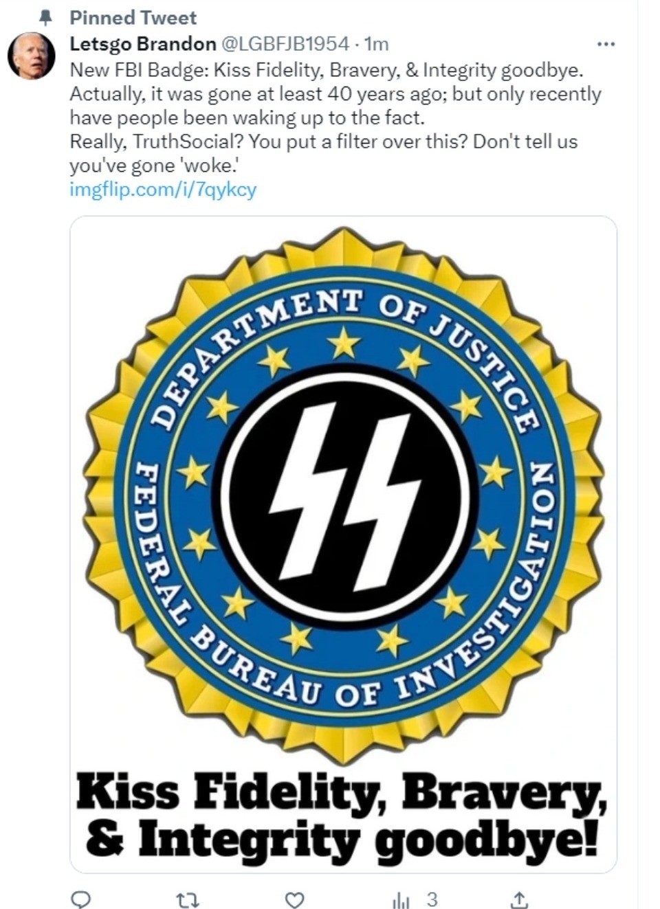 Uncuck TruthSocial Letsgo Brandon tweet | image tagged in uncuck truthsocial,cucks,let's go brandon,woke,fbi badge,federal bureau of insurrections | made w/ Imgflip meme maker