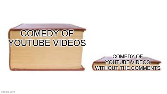hehe | COMEDY OF YOUTUBE VIDEOS; COMEDY OF YOUTUBE VIDEOS WITHOUT THE COMMENTS | image tagged in big book small book | made w/ Imgflip meme maker