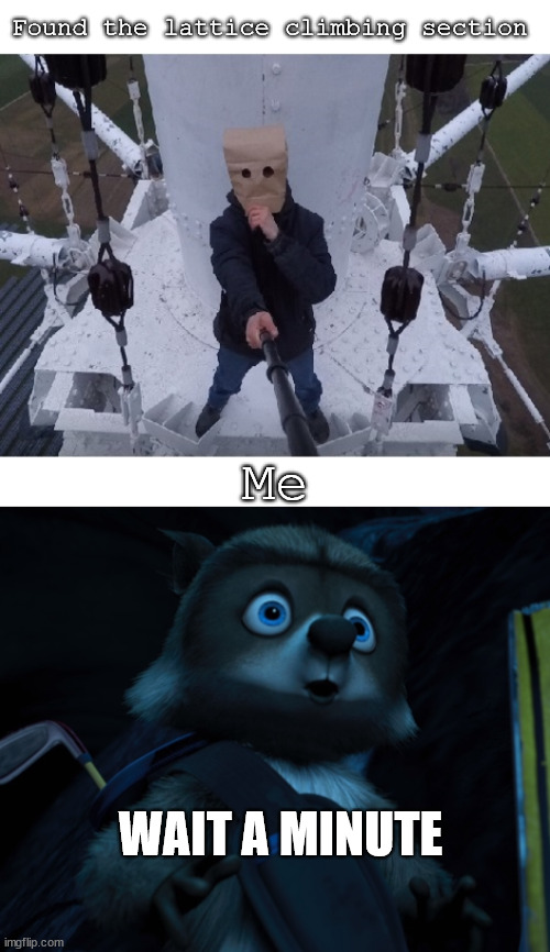 Found some climbers | Found the lattice climbing section; Me; WAIT A MINUTE | image tagged in rj,meme,template,latticeclimbing,overthehedge | made w/ Imgflip meme maker