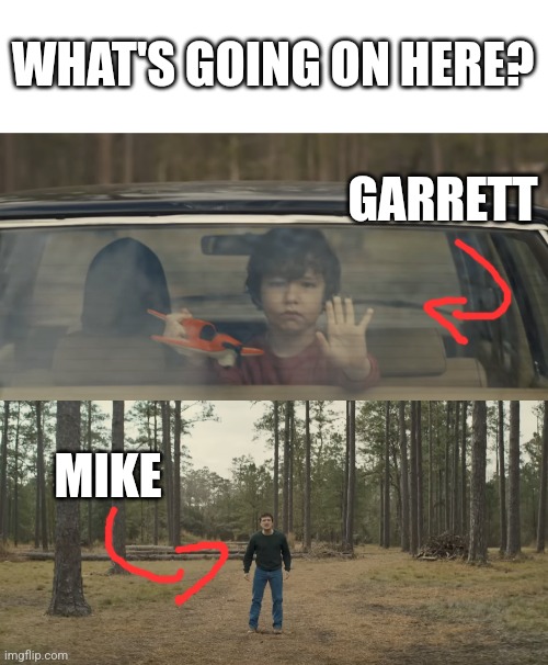 So Is Garret Chris? Is This A Flashback Mike Is Having? No Bite Of 83? | WHAT'S GOING ON HERE? GARRETT; MIKE | image tagged in fnaf | made w/ Imgflip meme maker