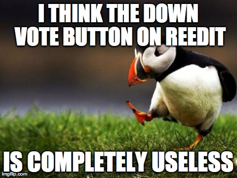 Unpopular Opinion Puffin Meme | I THINK THE DOWN VOTE BUTTON ON REEDIT IS COMPLETELY USELESS | image tagged in memes,unpopular opinion puffin,AdviceAnimals | made w/ Imgflip meme maker