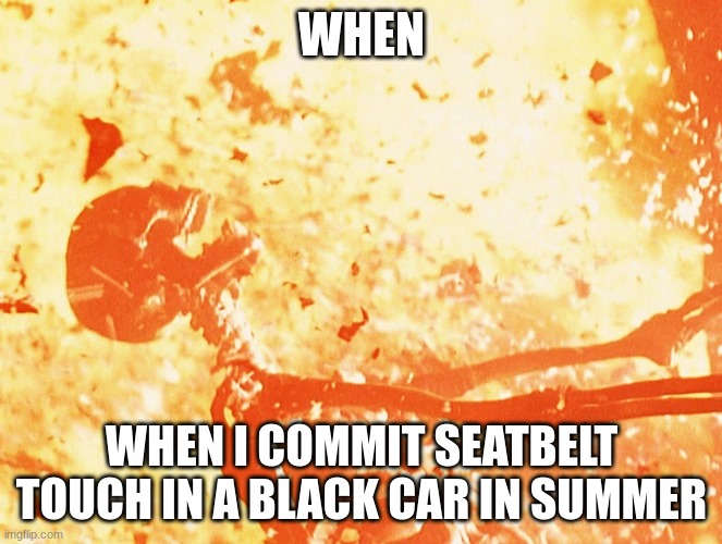 my summer break starts today. i will most likely not post for a month, 2 months, or never because im going to in person school.  | WHEN; WHEN I COMMIT SEATBELT TOUCH IN A BLACK CAR IN SUMMER | image tagged in fire skeleton,summer,black car,seatbelt | made w/ Imgflip meme maker