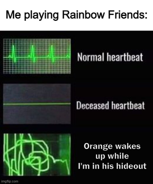 This happened once before, and I jumped in fear XD | Me playing Rainbow Friends:; Orange wakes up while I'm in his hideout | image tagged in heartbeat rate | made w/ Imgflip meme maker