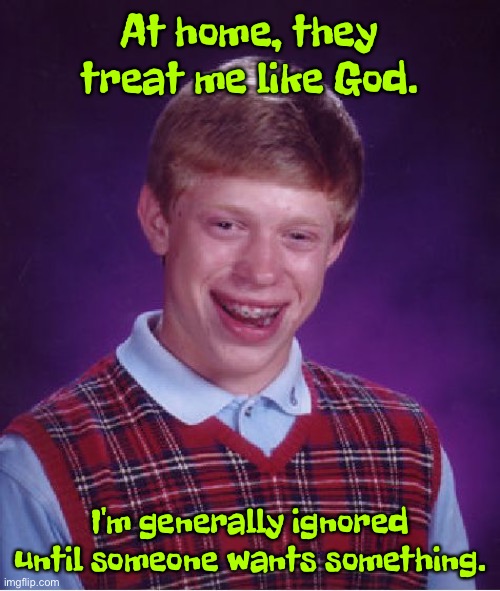 Treated like God at home | At home, they treat me like God. I'm generally ignored until someone wants something. | image tagged in memes,bad luck brian,generally ignored | made w/ Imgflip meme maker