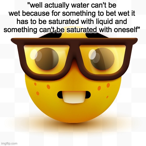 "well actually water can't be wet because for something to bet wet it has to be saturated with liquid and something can't be saturated with  | image tagged in nerd emoji | made w/ Imgflip meme maker