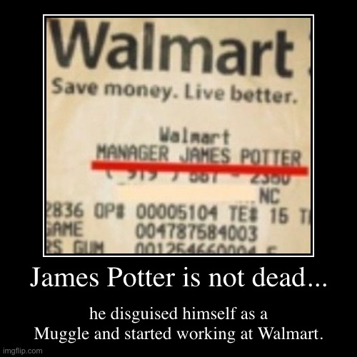 But what about Lily? | James Potter is not dead... | he disguised himself as a Muggle and started working at Walmart. | image tagged in funny,demotivationals,harry potter,memes | made w/ Imgflip demotivational maker