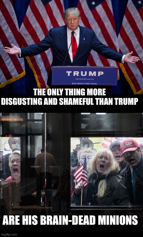 THE ONLY THING MORE DISGUSTING AND SHAMEFUL THAN TRUMP; ARE HIS BRAIN-DEAD MINIONS | image tagged in donald trump,trump michigan protesters | made w/ Imgflip meme maker