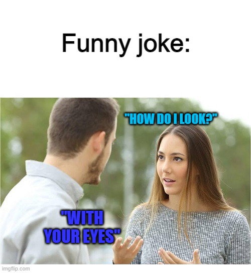 XDDD | Funny joke:; "HOW DO I LOOK?"; "WITH YOUR EYES" | image tagged in couple talking relationship blank | made w/ Imgflip meme maker
